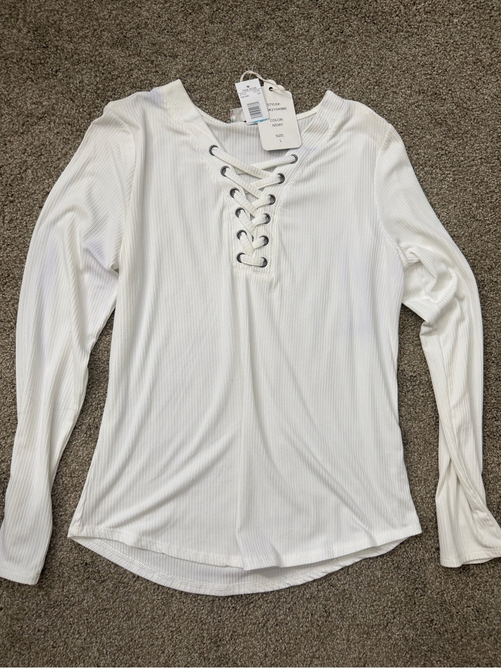 Pink Rose White Ribbed Lace-Up Long Sleeve Top